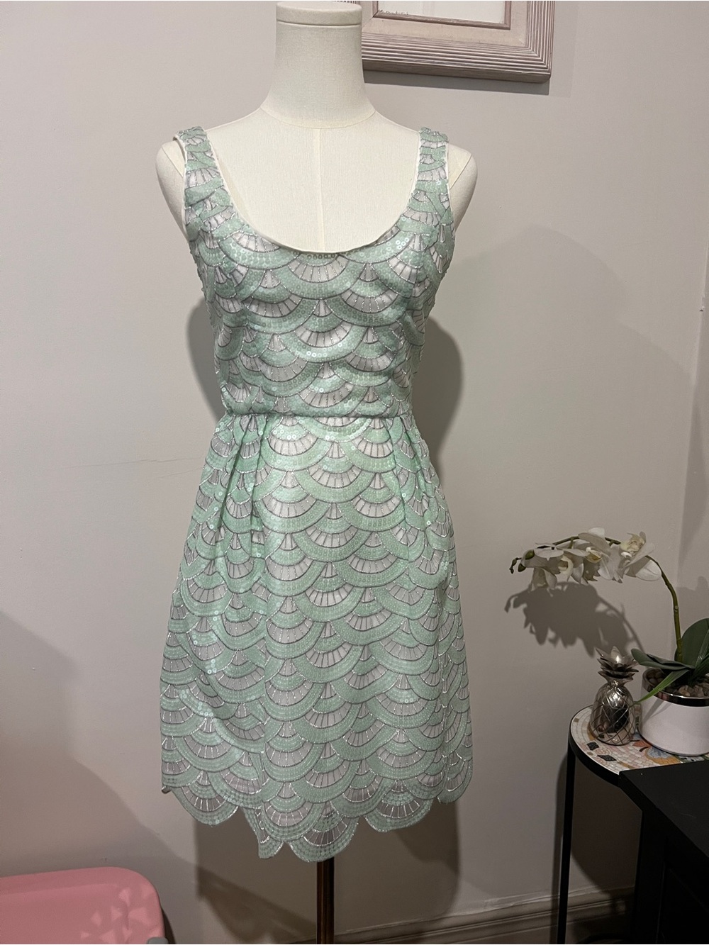 XS - BEBE Mint Green and Silver Sequin Scallop Dress